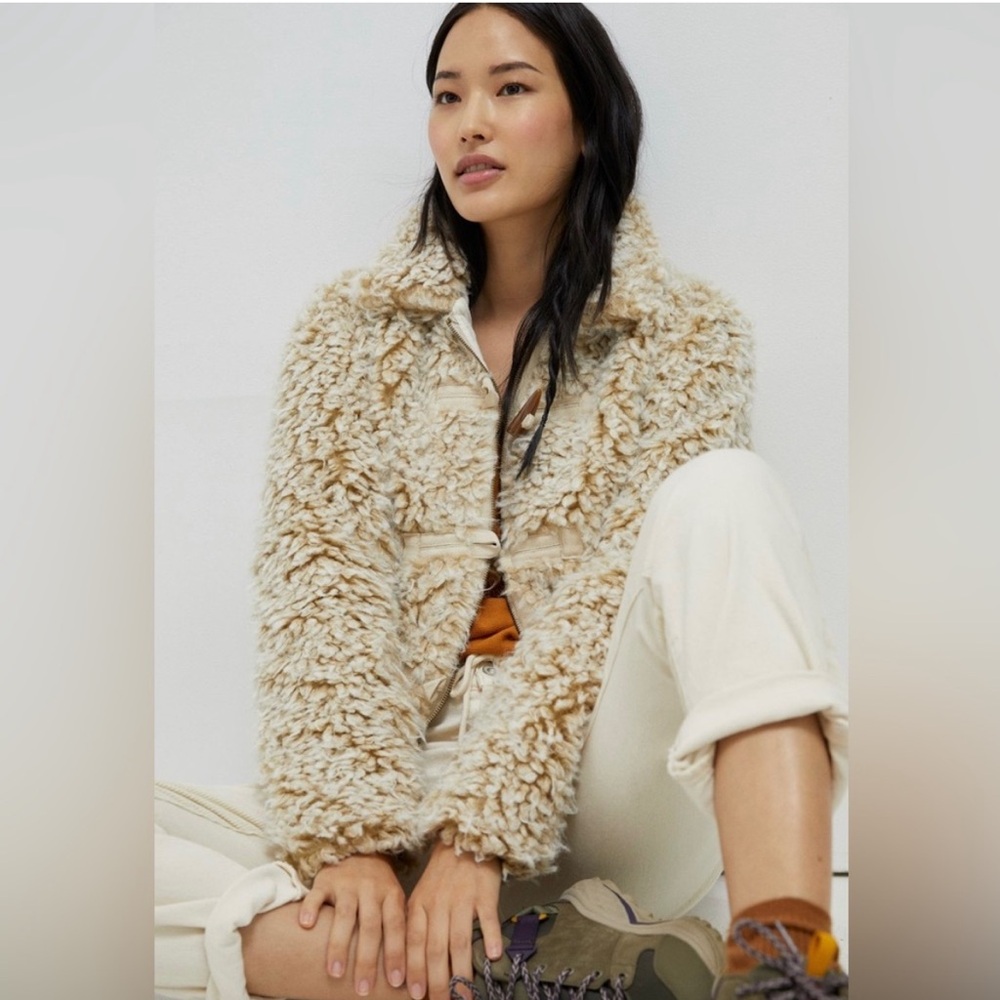 Anthropologie Brenna Faux Fur Zipper Toggle Closure Jacket Cream Tan Coat Sz S